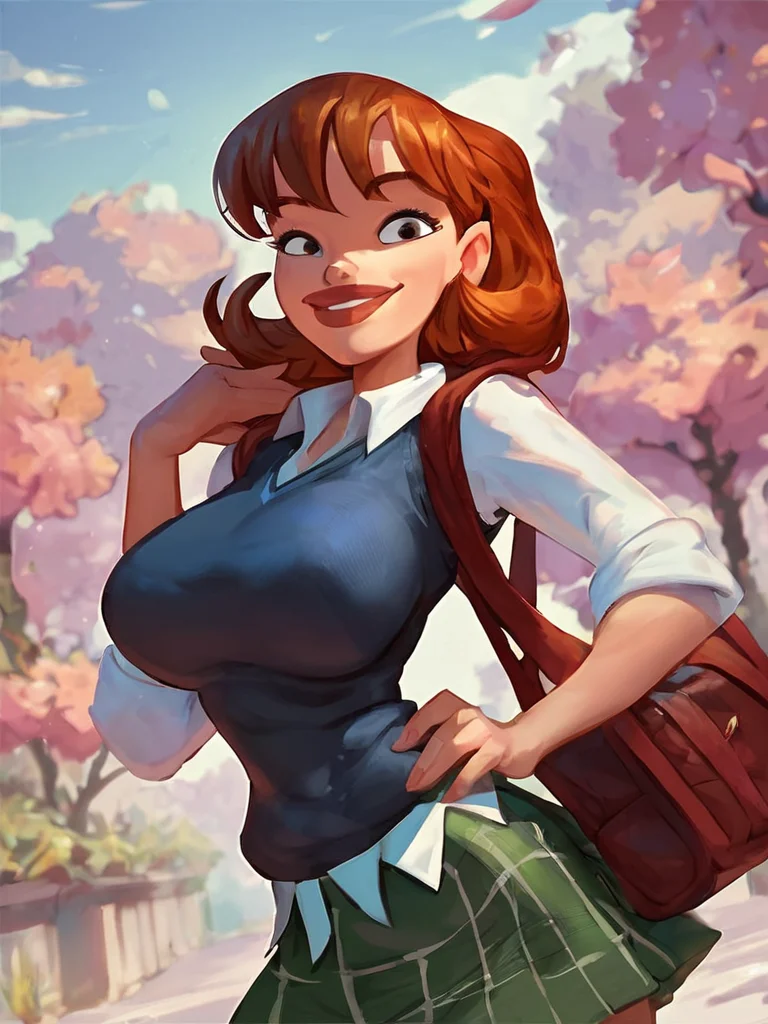 sharona, 1girl, solo, breasts, large breasts, skirt, school uniform, bag, lips, sweater vest,looking at viewer, smile, hand on own hip, outdoors, <lora:SharonaPony1.0:1>, score_9, score_8_up, score_7_up, score_6_up