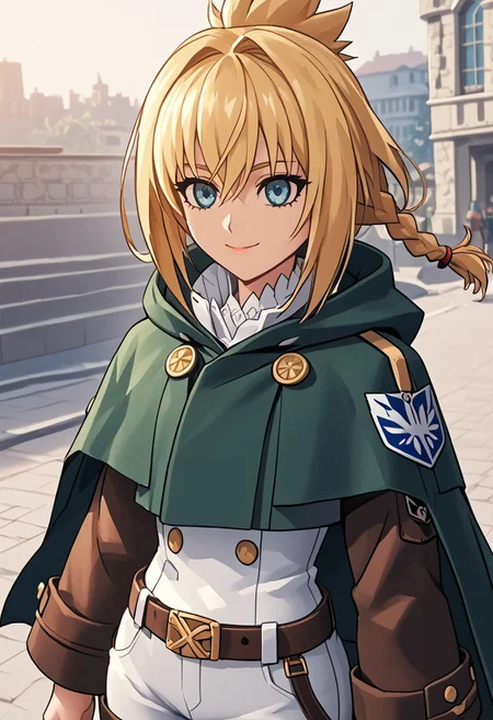 score_4,score_5,score_6,score_7_up,score_8_up,score_9 ((masterpiece,best quality,ultra detailed,highres,HD,4k:1.2)), 
Azure Striker Gunvolt(Main),shining highlights,
1 girl,solo,girl focus,solo focus,upper body,face focus,
blonde hair,long hair,braided ponytail,spiked hair,single braids,blue eyes,
<lora:paradis-military-uniform-ponyxl-lora-nochekaiser:1>, paradis military uniform, belt, cloack, cropped jacket, emblem, green cloak, jacket, long sleeves, pants, shirt, thigh strap, uniform, white pants, white shirt, brown jacket,
outdoors,
smile,light smile,