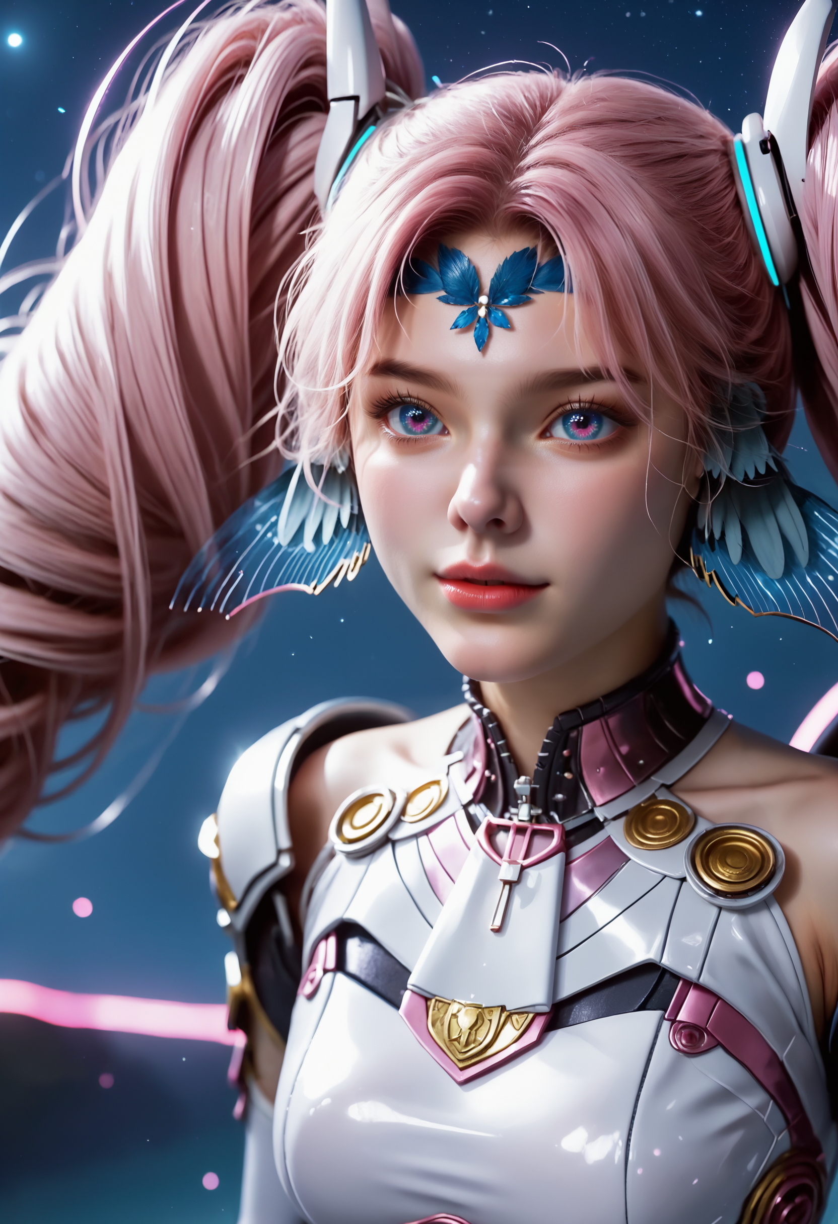 Masterpiece, best quality, amazing quality, very aesthetic, high resolution, ultra-detailed, absurdres, HDR, cinematic lighting, highres, newest, 
aichen, 1girl, pink hair, solo, long hair, twintails, drill hair,  purple eyes, blue head wings, blue forehead jewel, hair ornament, glowing golden rings on the twintails at the end, dutch_angle, pink aura, heart, dynamic_pose, bodysuit, realistic, photorealistic, cropped_hoodie, pleated_skirt, night, moonlight, white_legwear, white_footwear, beach, blush_stickers, full-face_blush, garter_straps, close, bokeh, portrait,