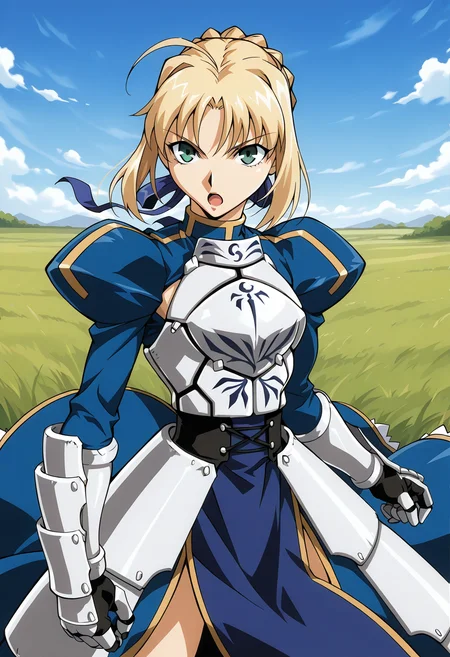 1girl, solo, blue sky, (grasslands:1.2), serious, open mouth, cowboy shot,
oobari_style, <lora:oobari_style_illustrious_ver2:0.7>
saber \fate\, fate/stay night, dress, armor,, masterpiece, best quality, sensitive,
