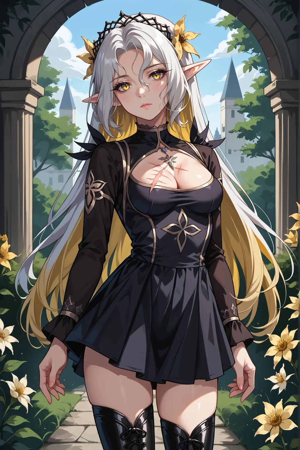 score_9, score_8_up, score_7_up, score_6_up, source_anime, 1girl, (slender, medium breasts), solo, iseriaepic7, <lora:BriarWitchIseriaE7-PDXL-V1:0.8>
BREAK (multicolored hair, white hair, yellow hair, elf, white long hair),
BREAK (black dress, black thigh boots, cleavage cutout, scar on chest, scar, two tone dress, skirt, yellow flower, tiara:1.4),
BREAK (looking at viewer, cowboy shot, expressionless, yellow eyes, standing:1.2), outdoors, garden