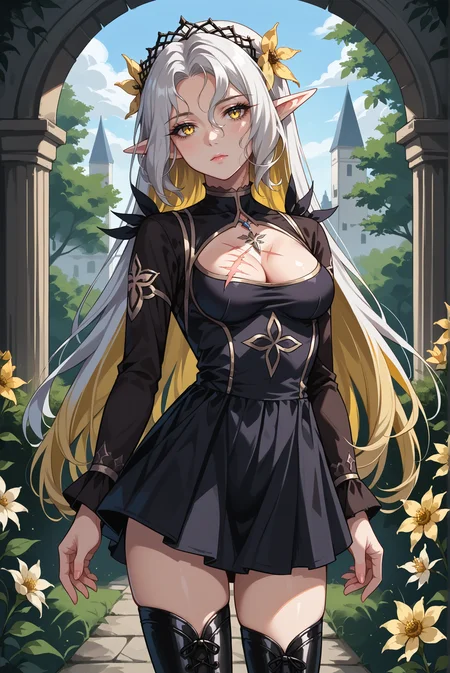 score_9, score_8_up, score_7_up, score_6_up, source_anime, 1girl, (slender, medium breasts), solo, iseriaepic7, <lora:BriarWitchIseriaE7-PDXL-V1:0.8>
BREAK (multicolored hair, white hair, yellow hair, elf, white long hair),
BREAK (black dress, black thigh boots, cleavage cutout, scar on chest, scar, two tone dress, skirt, yellow flower, tiara:1.4),
BREAK (looking at viewer, cowboy shot, expressionless, yellow eyes, standing:1.2), outdoors, garden