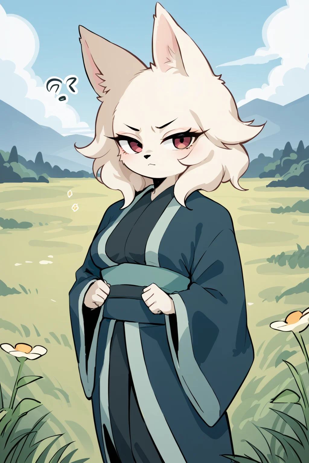 score_9, score_8_up, score_7_up, score_4_up, score_5_up, score_6_up, source_anime, <lora:Heng_Nine_Sols:0.7>, furry, anthro, body fur, white fur, fluffy fur, animal nose, large eyes, narrowed eyes, long eyelashes, animal ears, medium breasts, grass, looking at viewer
skindentation, kimono, robe, cloak,
(confusion, (skeptical incredulous mistrustful leery:1.1) , closed mouth, (one brow up:1.1), ),