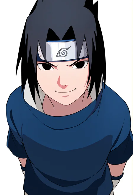 masterpiece, best quality, very aesthetic, absurdres,
1boy, uchiha sasuke, black hair, black eyes,
forehead protector, blue shirt,
arms behind back,
smile, solo, looking at viewer, simple background, white background, <lora:SasukeGeninNoobXL_byKonan:1>