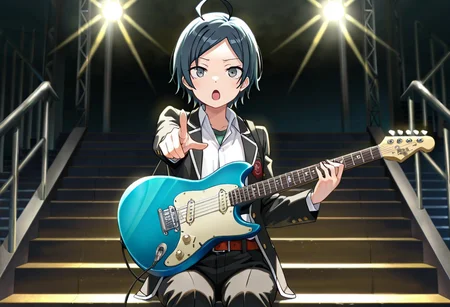 (masterpiece, best quality:1.4), looking at viewer, cowboy shot, outdoors, stairs, sitting, hachiman hikigaya Oregairu, ahoge, grey eyes, black pants, school uniform, black jacket, open jacket, white shirt, belt, playing instrument, electric guitar, singing, pointing at viewer, stage lights, dark background, ,masterpiece,best quality,amazing quality, <lora:hachiman_hikigaya_v1:0.7>