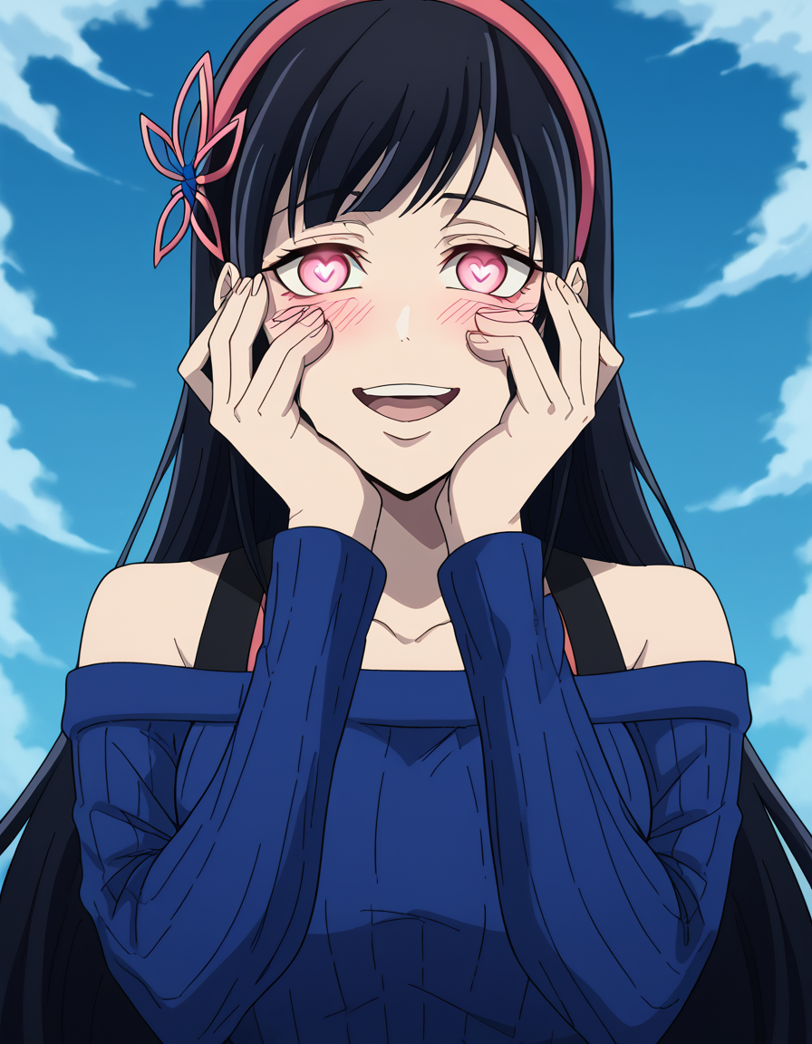 score_9, score_8_up, score_7_up, source_anime, <lora:yihwa-yeon-s2-ponyxl-lora-nochekaiser:1>, yihwa yeon, long hair, bangs, black hair, hair ornament, pink eyes, very long hair, hairband, large breasts,, long sleeves, bare shoulders, collarbone, off shoulder, sweater, butterfly hair ornament, off-shoulder sweater, laundry day, clothesline, drying clothes, domestic life, fresh air, blue sky, , <lora:yandere-trance-ponyxl-lora-nochekaiser:1>, yandere trance, yandere, hands on own cheeks, hands on own face, crazy eyes, crazy smile, crazy, heart-shaped pupils, glowing eyes, symbol-shaped pupils, hand on own face, open mouth, glowing, blush, looking at viewer,, looking at viewer, solo,, dutch angle, cowboy shot