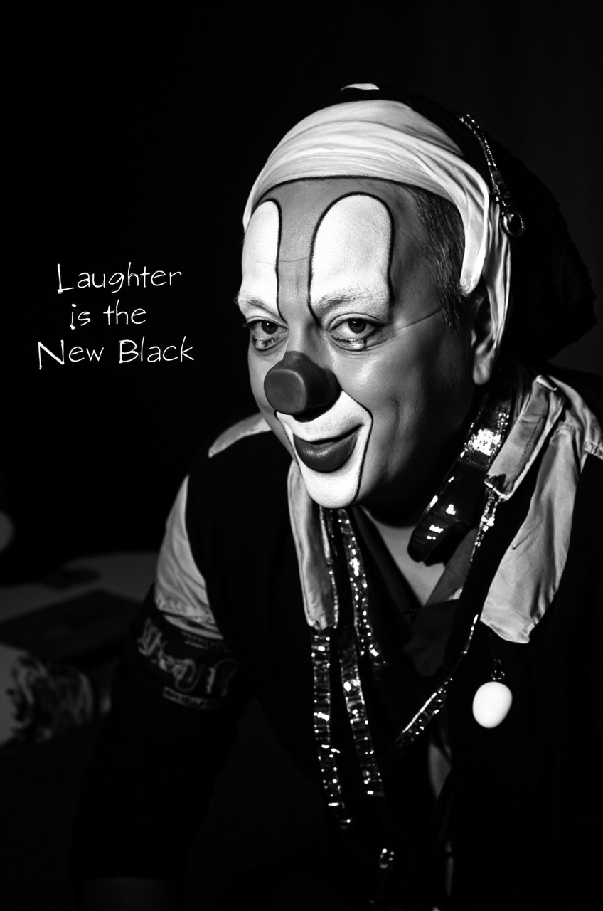 title text saying: âLaughter is the New Black.â
<lora:Bassie:1.4> High-fashion, black-and-white editorial shoot. Bassie the clown in an avant-garde clown-couture outfit, Comme des GarÃ§ons, circus-themed, dramatically lit, intense eyes,