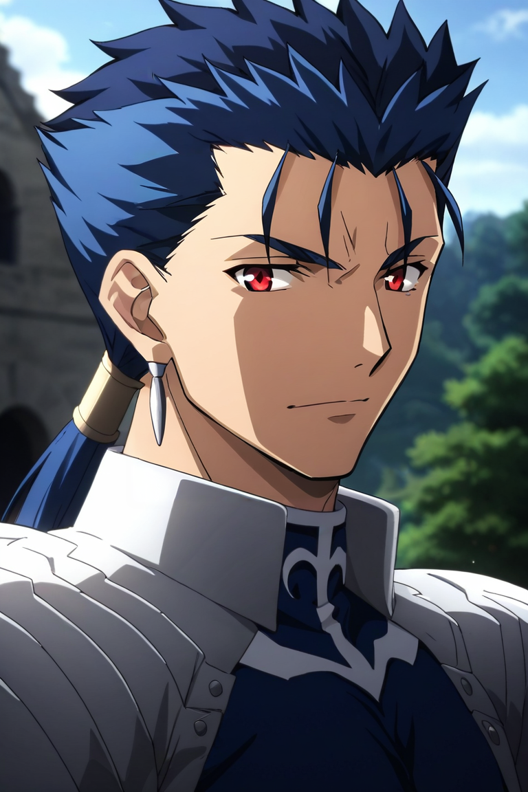 score_9, score_8_up, score_7_up, source_anime, rating_safe, , anime screencap, anime coloring, official style, , upper body, depth of field, 1boy, solo, male focus, <lora:lancer_fsn_pony:0.98>, lancer_fsn, blue hair, red eyes, long hair, ponytail, spiked hair, fate/stay night, , , , The Castle of Shadows, , <lora:sdxl_lightning_8step_lora:1>