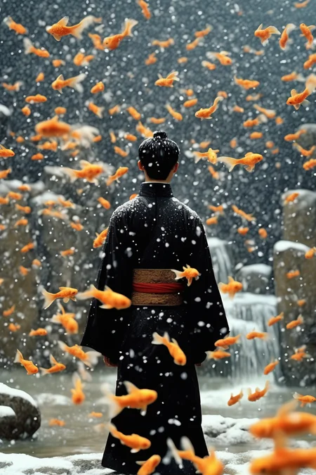 <lora:Director Zhang Yimou style:1>Director Zhang Yimou style - A 24-year-old Chinese man, with his back to the camera, was dressed in a black hanfu costume. The sky was filled with flying goldfish. Goldfish were colorful, and they stoodthe waterfall. The stones were covered with falling snow, and he lowered his head. There were many goldfish, zhang Yimou film sense, dark tone, strong visual sense, side backlight, 80mm focal length, overall image cool color,-ar 1:1-c 20