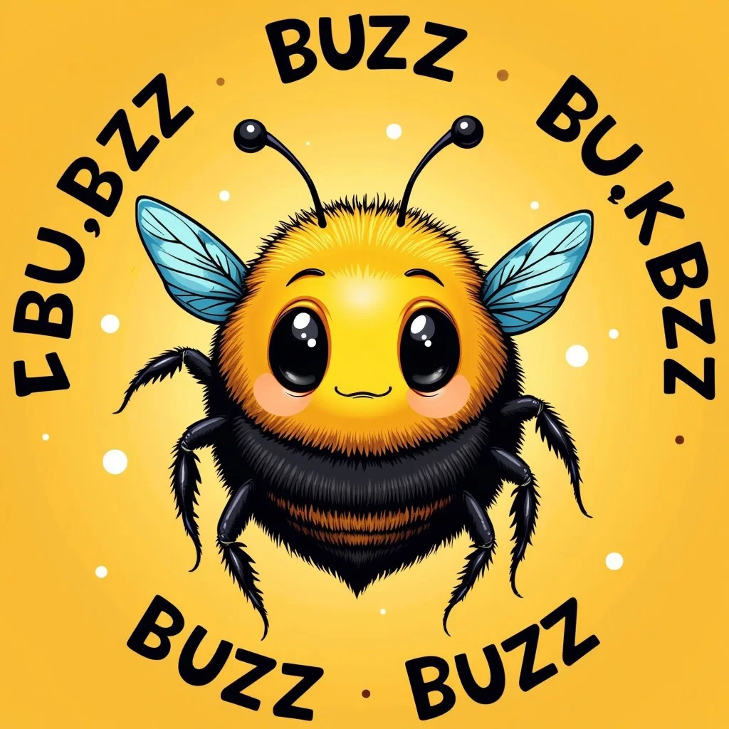 simplistic demented-looking bumble bee with the text "BUZZ BUZZ BUZZ" written all around the bee, black eyes, (thousand yard stare, (mouthless, no mouth) greatest quality, best quality, cute, buzz