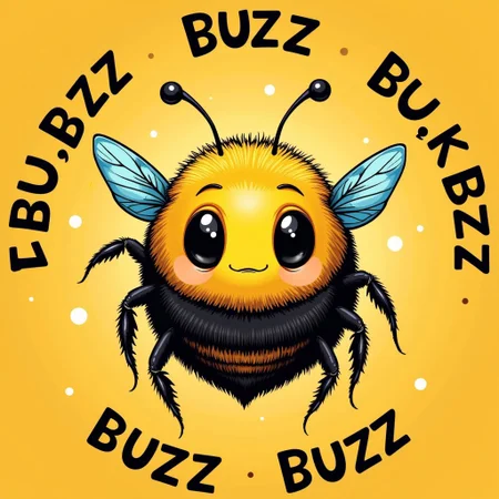 simplistic demented-looking bumble bee with the text "BUZZ BUZZ BUZZ" written all around the bee, black eyes, (thousand yard stare, (mouthless, no mouth) greatest quality, best quality, cute, buzz