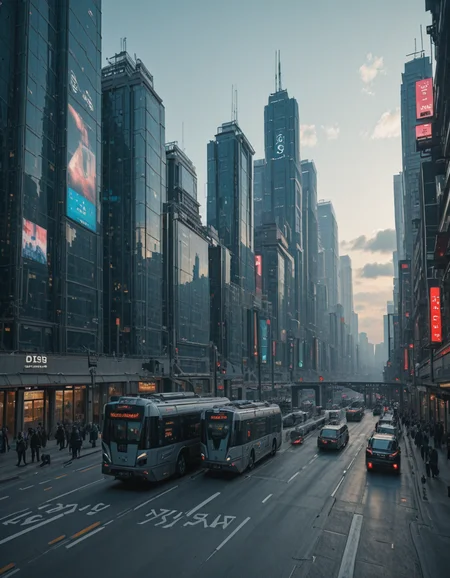 <lora:CW_03_lunisilla:0.7> lunisdst. This photo captures a stunning futuristic urban streetscape dominated by colossal, floating skyscrapers that appear to defy gravity. These towering structures rise high into a partly cloudy sky, their reflections distorted and fragmented, suggesting advanced architectural or visual technology. At street level, a line of sleek, double-articulated futuristic buses moves down a broad avenue, alongside regular cars. The road is clean and highly structured, with clearly marked lanes and elevated walkways suggesting a city optimized for traffic flow and pedestrian integration. The buildings lining the street are covered in holographic advertisements, glowing neon signage, and large LED screens displaying tech-centric visuals and commercials. One prominent black building near the foreground stands out with bold red signage and luminous cyan digital displays. The overall ambiance is one of high-tech modernity blended with urban realism, evoking a cyberpunk aesthetic filled with movement, light, and towering innovation. from low angle