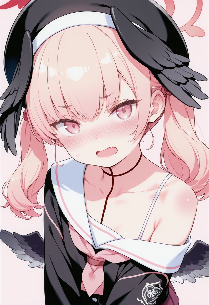 masterpiece, best quality, high quality, newest, highres, absurdres, score_9, score_8_up, score_7_up, utsusumi_kio_style, simple background, pink background, fcDetailPortrait, solo, 1girl, koharu-default, koharu \(blue archive\),pink eyes,pink hair,beret, head wings,twintails,halo,low wings,white sailor collar,black shirt,off shoulder,pink neckerchief,red skirt, looking at viewer, open mouth, skin fang, blushing, embarrassed, dutch angle, kuroboshi, , <lora:45978c96-828a-44da-b600-4b33bdc8662a:0.7>, <lora:fe14ffc4-b7e1-452a-bcb9-f652e6816ff3:0.7>, <lora:bbdf504d-c599-49d3-b8e9-8543ecebb756:0.7>, <lora:477f0cde-484a-4fd0-95cf-0aaada9b23dc:0.9>