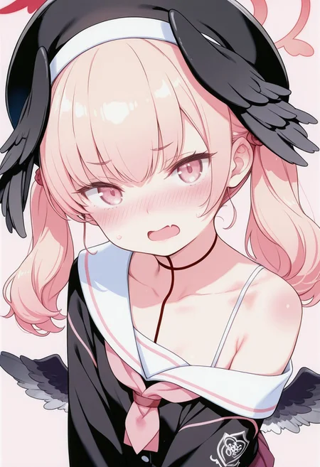 masterpiece, best quality, high quality, newest, highres, absurdres, score_9, score_8_up, score_7_up, utsusumi_kio_style, simple background, pink background, fcDetailPortrait, solo, 1girl, koharu-default, koharu \(blue archive\),pink eyes,pink hair,beret, head wings,twintails,halo,low wings,white sailor collar,black shirt,off shoulder,pink neckerchief,red skirt, looking at viewer, open mouth, skin fang, blushing, embarrassed, dutch angle, kuroboshi, , <lora:45978c96-828a-44da-b600-4b33bdc8662a:0.7>, <lora:fe14ffc4-b7e1-452a-bcb9-f652e6816ff3:0.7>, <lora:bbdf504d-c599-49d3-b8e9-8543ecebb756:0.7>, <lora:477f0cde-484a-4fd0-95cf-0aaada9b23dc:0.9>
