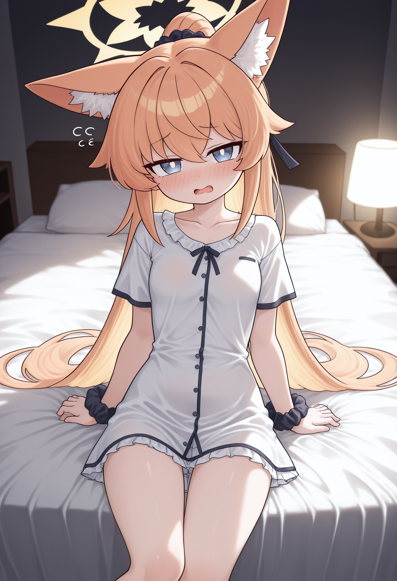 narrow waist,slender,petitemari \(blue archive\), 1girl, solo, long hair, looking at viewer, blush, open mouth, blue eyes, shirt, animal ears, sitting, white shirt, short sleeves, alternate costume, orange hair, halo, animal ear fluff, fox ears, bed, on bed, scrunchie, pajamas, yellow halo,masterpiece,best quality,newest,absurdres,highres,very awa, <lora:None:1.0> <lora:WOF_å½±ä¹ç¼:0.9500000000000002>