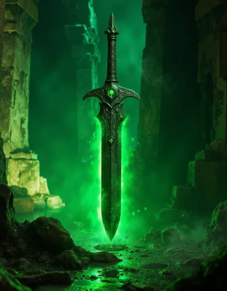 zavy-psnglw, Close-up shot from a low angle, a sleek dagger with an intricate hilt emitting a vibrant green glow, a dimly lit underground lair with ancient stone walls and scattered relics, cinematic style with dramatic lighting contrasts, moody greens and deep blacks punctuated by the radioactive glow.