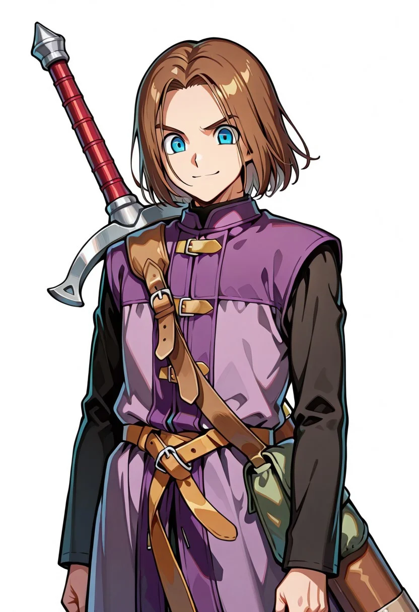 1boy, solo, masterpiece, best quality, cowboy shot, newest, anime, matte, shiny skin, perfect eyes, male, stoic, looking at viewer, standing, simple background, white background, tachi-e, sharp face, sharp chin, weapon, weapon on shoulder
BREAK
1boy, dqlum, brown hair, blue eyes, parted bangs, shirt, black shirt, long sleeves, coat, purple coat, sleeveless coat, smile,