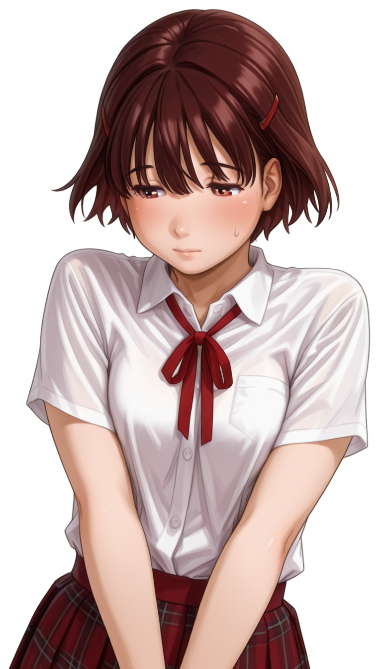 IllusP0s, masterpiece, best quality, amazing quality, very aesthetic, absurdres, newest,  (detailed eyes:1.4),((ultra detailed heir:1.4))
BREAK
1girl,  miwa0ng, <lora:Miwa_-_namadashi_generation:1>,
Uniform, pleated skirt, red ribbon tie, checkered skirt, red skirt, white shirt,
BREAK
,((blank background)) ((upper body))
kind
 <lora:noob1.1-lineart_adjust_mult-mki:-1.9>  <lora:SmoothMix_Illustrious_v2:0.6>
