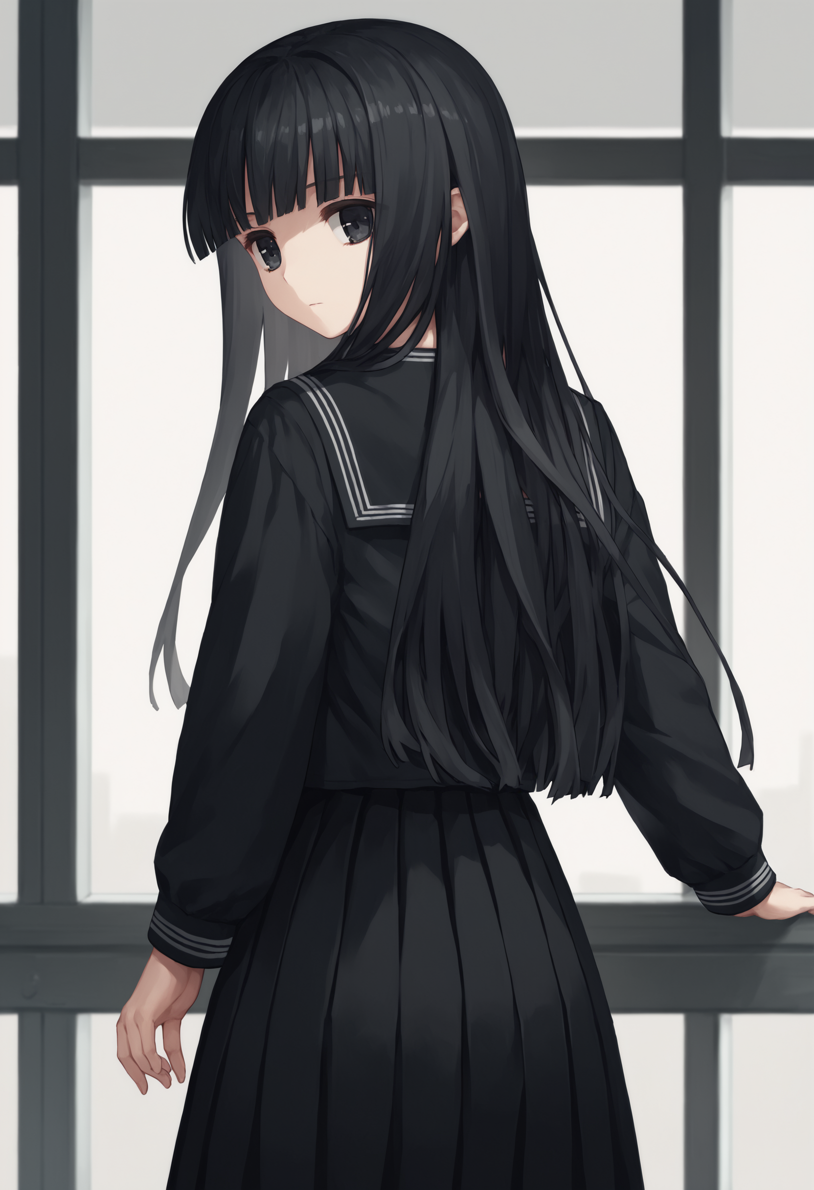 score_9, score_7_up, 1girl, Rinne, black hair, long hair, black eyes, black serafuku,  long sleeves, black skirt, black pantyhose, solo, from behind, expressionless,     <lora:Rinne new 2:1>