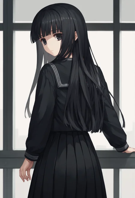 score_9, score_7_up, 1girl, Rinne, black hair, long hair, black eyes, black serafuku, long sleeves, black skirt, black pantyhose, solo, from behind, expressionless, <lora:Rinne new 2:1>