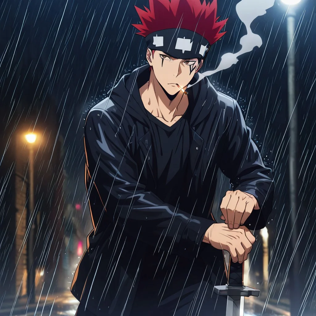 masterpiece, best quality, amazing quality, absurdres, newest, detailed background, definition so sharp, Ultra-HD, 8K cinematic, very awa, impressionate, amazing quality, highres,
solo, male focus, manly,
1boy, d0tb_red hair, d0tb_brown eyes, d0tb, spiked hair, facial tattoo, headband, smoking, smoke,
serious expression, hand on sword hilt, protective stance, looking to side, rain, night, streetlights, cool, determined, hot-blooded, watchful