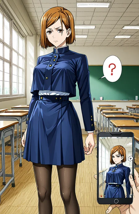 <lora:hyperSD8:1> score_9, score_8_up, score_7_up, score_6_up, BREAK, source_anime, rating_explicit, masterpiece,best quality, zPDXLxxx, detailed background,
<lora:Holding_Smartphone_Culty:1> pov, holding smartphone, phone, cellphone, standing, bi <lora:KUGISAKI_NOBARA_CULTY:1> 1girl, solo, kugisaki nobara, brown hair, brown eyes, black jacket, skirt, pantyhose, bored, spoken question mark, looking at viewer, close up, covered nipples, classroom,