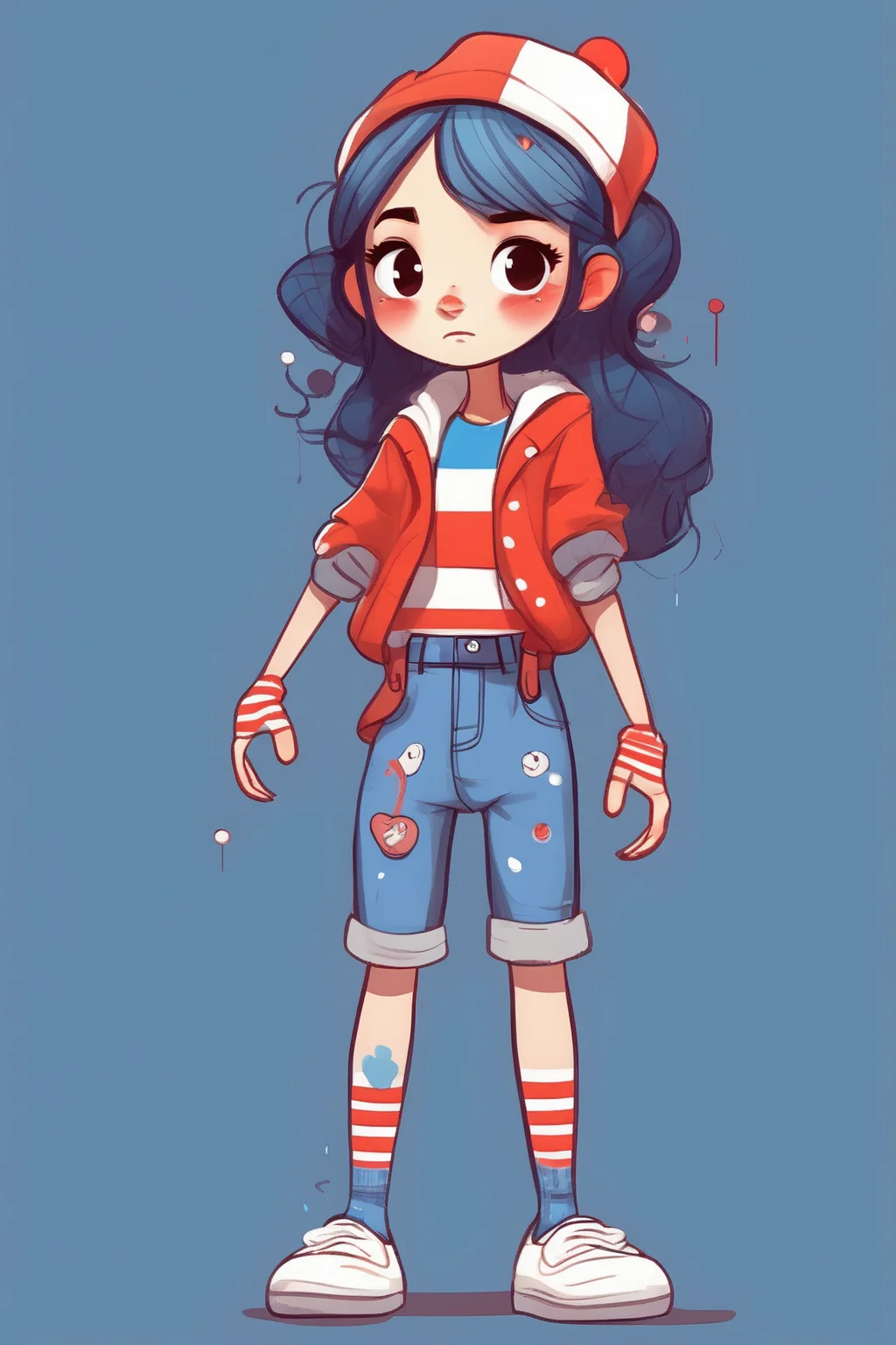 <lora:Character Design:1>Character Design - Cute cartoon character, embellished with white lines in red colors, and paired with blue colors. Cool casual clothing for characters