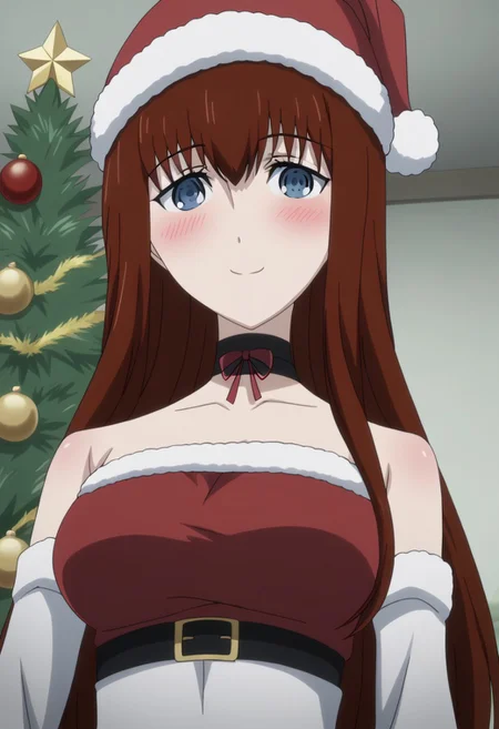 rating_safe, Ultra-high-detailed Anime illustration of Kagari Shiina from Anime Steins;Gate 0. The artwork features Kagari in a solo, face focus, upper body, standing position with a intdoors, indoors, living room with Christmas atmosphere. Gorgeous Christmas tree in background. Night Time..
She is depicted with intricate details showcasing her large_breasts, natural_breasts. She is a white skinned, 22 years old woman. Kagari is looking_at_viewer with perfect_eyes, Her pupils are highly detailed. The eyes are open. blue eyes. Kagari's eyes are highlighted. Highlighted eyevrows.
She has long_hair, red_hair styled in floating_hair, shiny_hair and bangs.
She is wearing a black choker and a Santa dress, strapless crop top, sleevless crop top with bare shoulders.
She is wearing a Santa Hat and red skirt, red pencil skirt with black belt.
The artistic style is intricate_details_xl with a focus on Anime art. The color palette emphasizes red and black with detailed strokes to bring out the character's features. The lighting creates dramatic shadows and highlights, adding depth to the artwork. The perspective is from a face focus, dutch angle to enhance the impact of the character's expression. This masterpiece is a true portrayal of Kagari's complex personality and will captivate any fan of Kagari. uncensored, upper body, blushing, smile, kagari_shiina,
<lora:Steins_Gate:1>