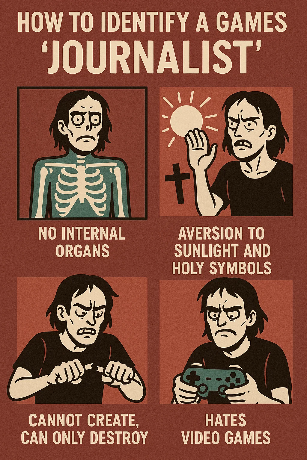 infographic on how to identify a games "journalist". signs are, no internal organs, (x ray graphic), aversion to sunlight and holy symbols, cannot create, can only destroy, and hates video games