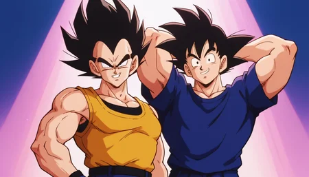 score_9 score_8_up score_7_up, source_anime, disco heaven, spotlight, 2boys, duo, portrait, looking at viewer, 
BREAK 1boy, <lora:vegeta_pony_v1:.5>, vegeta, black hair, spiked hair, black eyes, muscular, short, tank top, smirk,
BREAK 1boy, <lora:Goku_V2:.6>, g0ku, black hair, black eyes, muscular, tall,  t-shirt, happy, arms behind head
BREAK