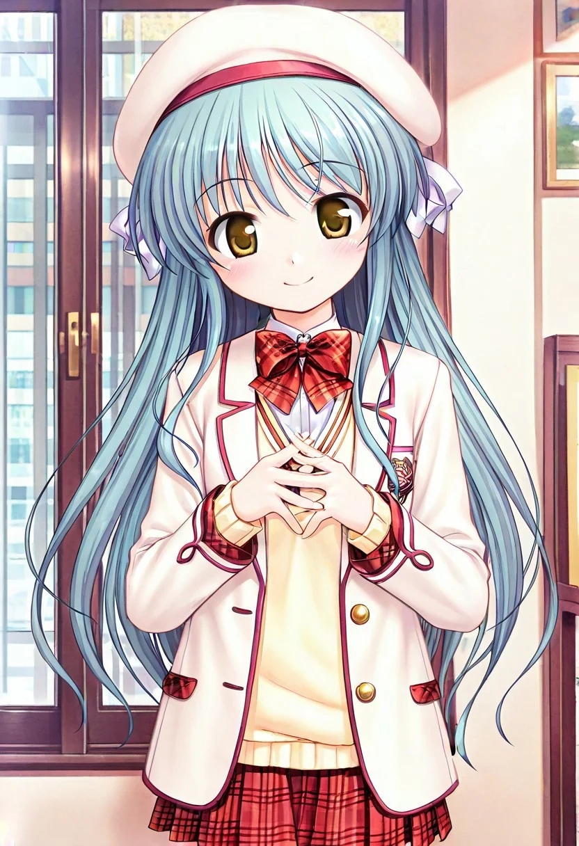 1girl,cowboy_shot,best quality,amazing quality,absurdres,game cg,ureshino sayumi,1girl,solo,yellow eyes,brown eyes,aqua hair,blue hair,very long hair,flat chest,hair ribbon,white ribbon,smile,school uniform,blazer,sweater,sweater vest,jacket,pink jacket,long sleeves,open jacket,plaid,bowtie,red bowtie,plaid bowtie,ribbon,hat,beret,white beret,
