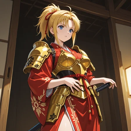 1girl,
Samurai-Inspired Kimono â Short red kimono, golden armor accents. (Pose: gripping katana hilt; from below; Setting: bamboo grove.)
<lora:DarkfireWeeb4:1>