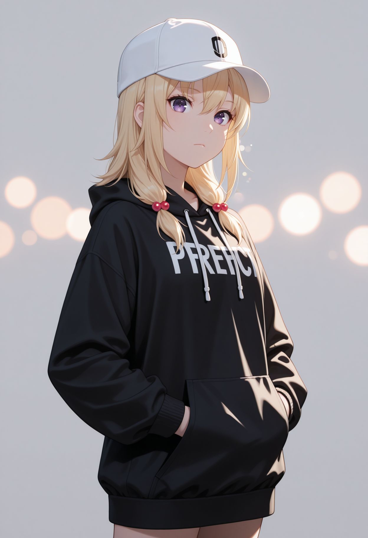 masterpiece,best quality,absurdres,highres,very aesthetic,high quality,detailed,insanely detailed,beautiful,perfect lighting, ,depth of field,blurry background,bokeh, looking at viewer, 
<lora:Reo Wakasa illu:1> 1girl, blonde hair, purple eyes, hair ornament, hairband, long hair, hair bobbles,
baseball cap, hat, white headwear,, standing, hood down casual, black hoodie, closed mouth, long sleeves, cowboy shot, drawstring, nail polish, hands in pockets, white background,, simple background, grey background, black jacket, light frown,