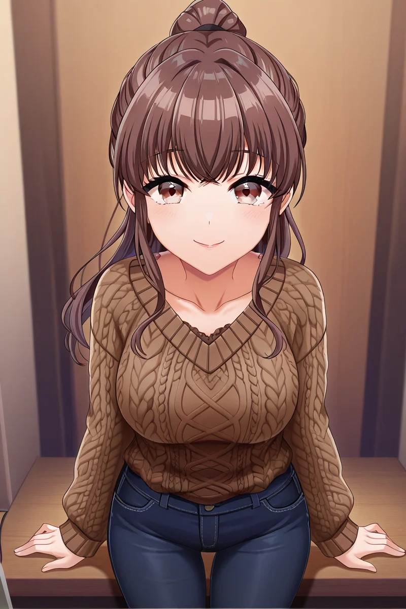 masterpiece, best quality, amazing quality,
<lora:Airi_IL:1> airi, 1girl, solo, pants, brown hair, sweater, looking at viewer, brown sweater, smile, ponytail, long hair, denim, brown eyes, jeans, long sleeves, bangs, cable knit, aran sweater, straight-on, collarbone, cslsk
