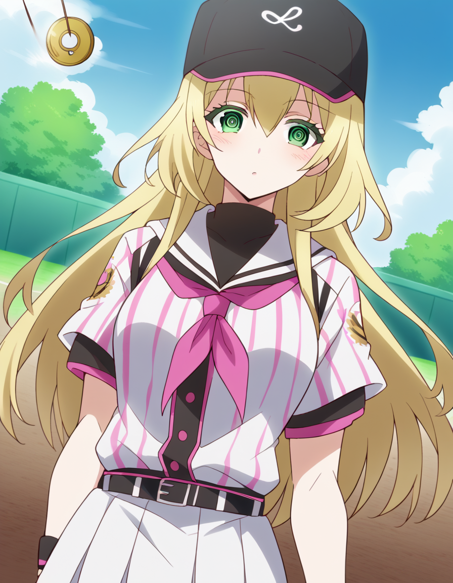 score_9, score_8_up, score_7_up, source_anime, <lora:yuki-nozaki-s1-ponyxl-lora-nochekaiser:1>, yuki nozaki, long hair, blonde hair, hair between eyes, green eyes, sidelocks,, skirt, shirt, hat, short sleeves, pleated skirt, striped, belt, sailor collar, neckerchief, black headwear, white skirt, baseball cap, vertical stripes, black belt, striped shirt, sportswear, vertical-striped shirt, baseball uniform,, village, houses, community, rural, farms, , <lora:pendulum-ponyxl-lora-nochekaiser:1>, pendulum, holed coin, coin on string, hypnosis, mind control, coin, @ @,, looking at viewer, solo,, dutch angle, cowboy shot