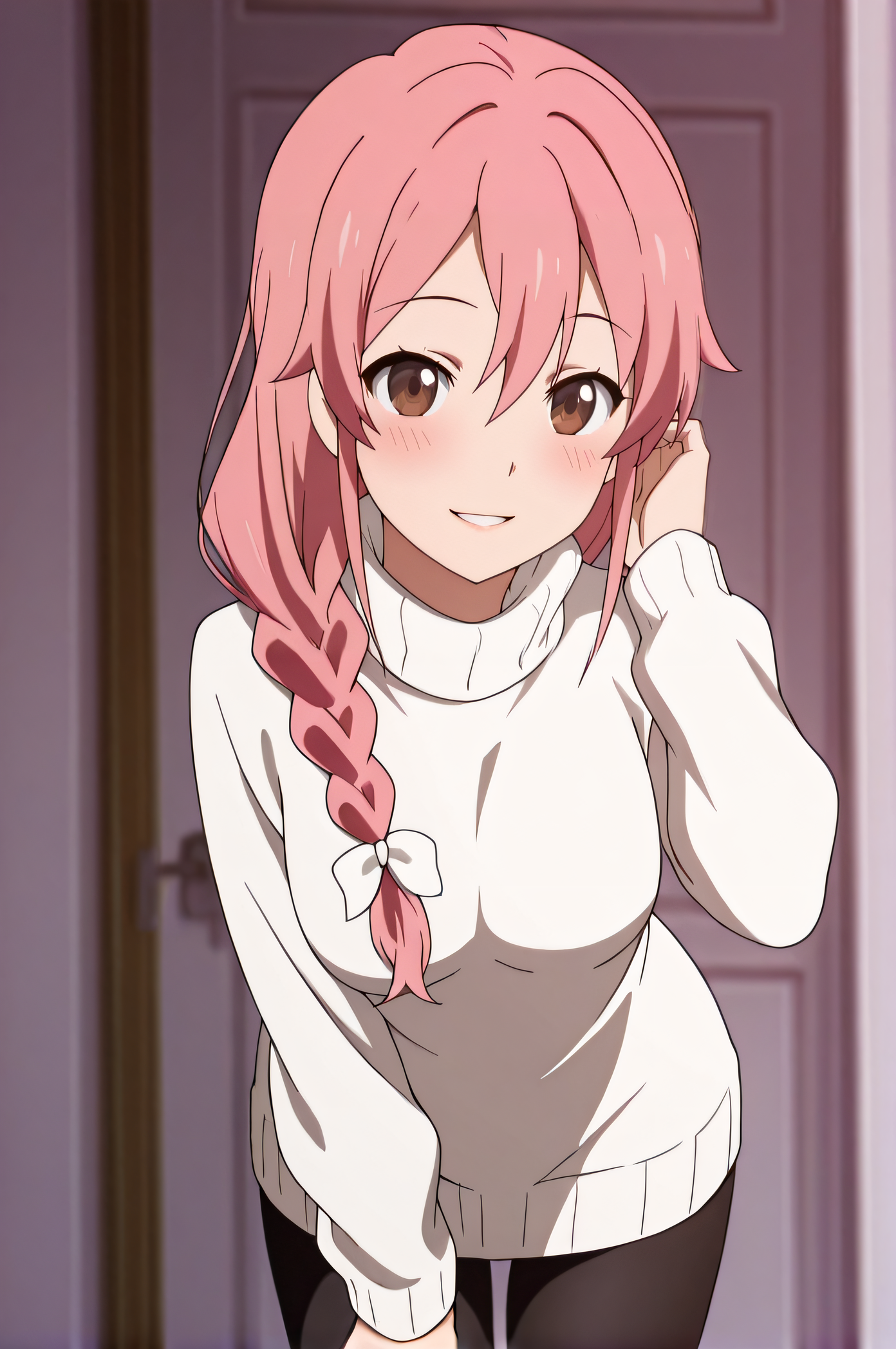 masterpiece, best quality, highres, newest, 1girl, solo, official style, anime screencap, <lora:Subaru_Mom:1>, subarumother, pink hair, hair over shoulder, hair bow, braid, brown eyes, white sweater, turtleneck, medium breasts, black pantyhose, looking at viewer, smile, indoor, cowboy shot, parted lips, blush, hand on hair