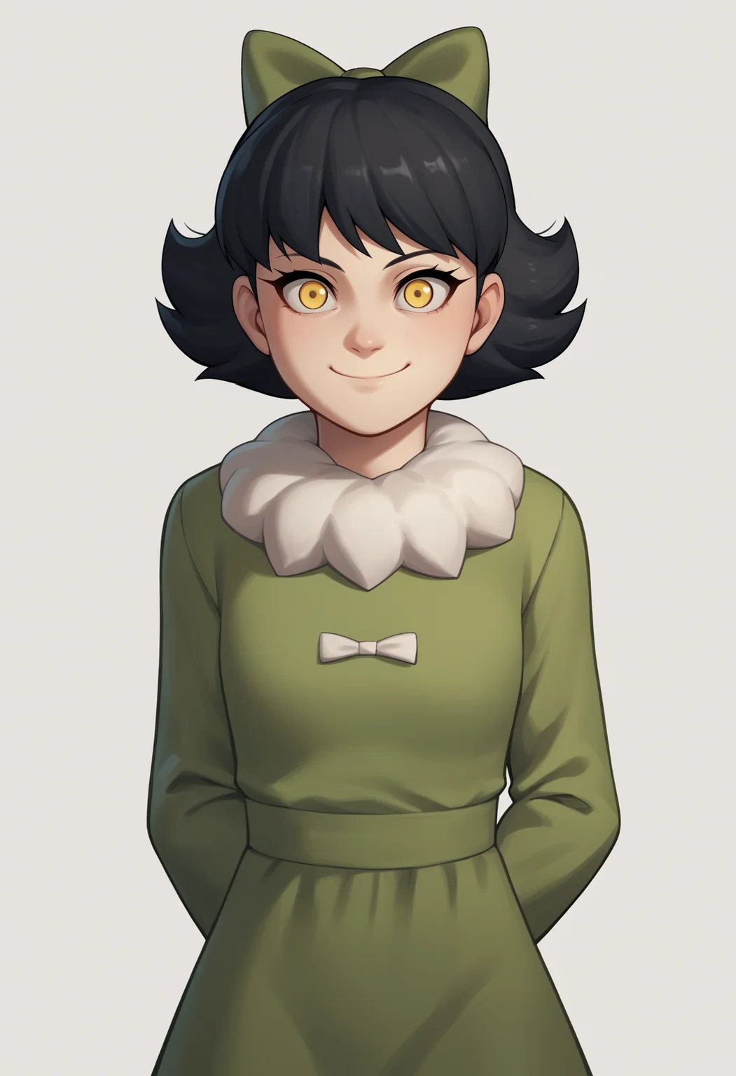 score_9, score_8_up, score_7_up, score_6_up, score_5_up, score_4_up, BREAK, source_anime,
1girl, oliviamann, black hair, bangs, short hair, yellow eyes, hair bow, green dress, long sleeves, pantyhose,
hands behind back, smile, upper body, looking at viewer, solo, simple background, white background <lora:OliviaMannXL:1>