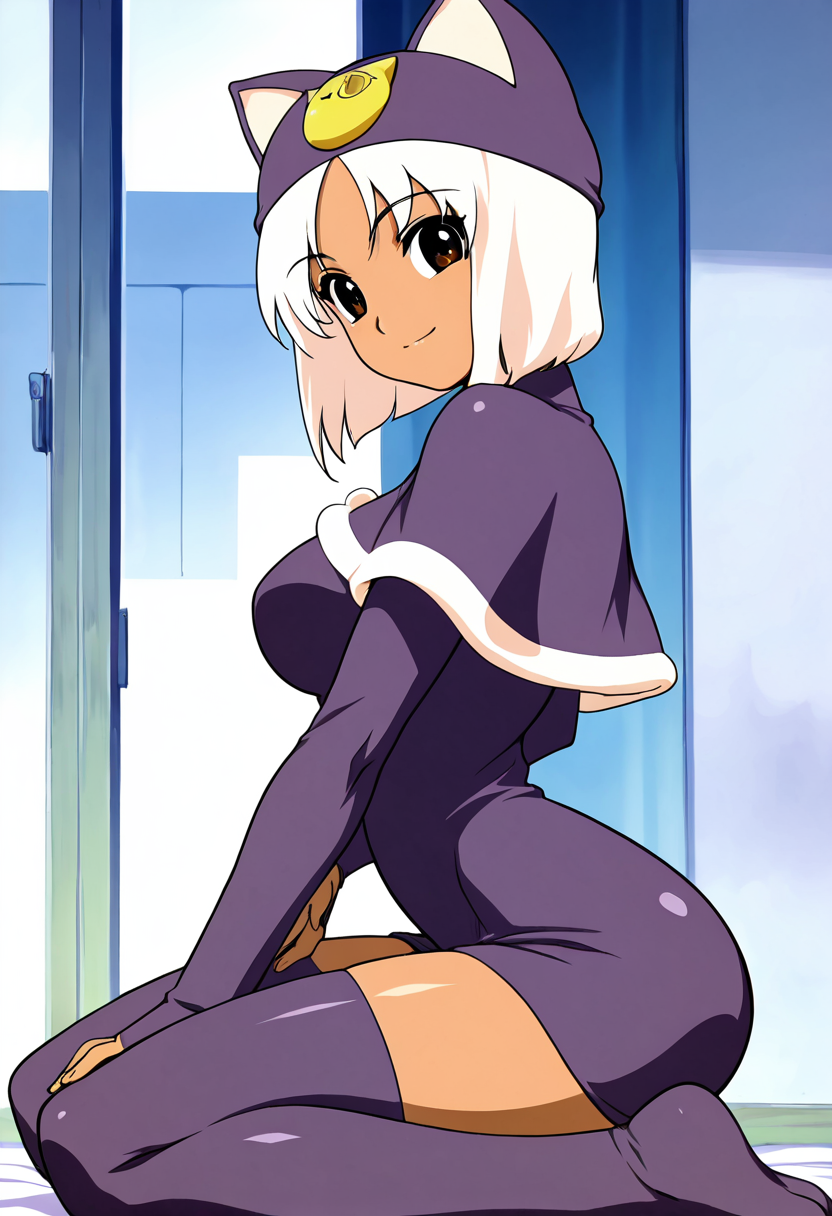 masterpiece, best quality, solo, curvy, beautiful eyes,  smile, looking at viewer,  zzMeow, brown eyes, white hair, dark skin,  thighhighs, hat, cat ears, capelet, animal hat,  narrow waist, foreshortening,  <lora:MeowLittleMonicaMonogatari_IXL_v1:1.0>,  kneeling, side view, hand on thigh, smile, looking at viewer,