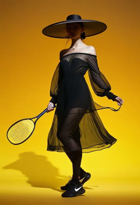 aaAR7fl,masterpiece,highres,best quality,best aesthetic, intriguing details, Yohji Yamamoto fashion campaign, haute couture,1girl, solo, off shoulders, glowing necklace, see-through, blindfold, wide brim hat, swing a badminton racket, yellow gradient background, in style of Tim Walker, black Organic-shaped dress, hyper realistic, explicit, dynamic,