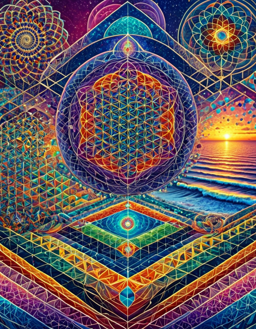 Masterpiece psychedelicv2lora, colorful, scenery, seaside, geometric patterns, sacred geometry . Exquisite detail, flawless composition, high-resolution, stunning quality