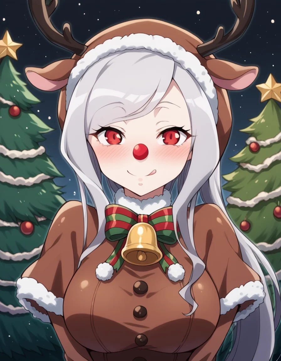score_9, score_8_up, score_7_up, source_anime, <lora:shalltear-bloodfallen-s1s2-ponyxl-lora-nochekaiser:1>, shalltear, grey hair, long hair, red eyes, silver hair, large breasts,, <lora:reindeer-costume-ponyxl-lora-nochekaiser:1>, reindeer costume, animal costume, reindeer antlers, antlers, fake antlers, reindeer hood, christmas, red nose, deer ears, deer tail, christmas tree, bell, horns, reindeer,, blush, smile, tongue out, looking at viewer,,