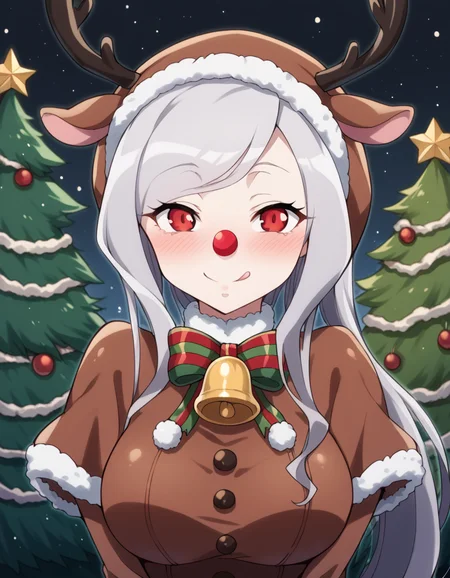 score_9, score_8_up, score_7_up, source_anime, <lora:shalltear-bloodfallen-s1s2-ponyxl-lora-nochekaiser:1>, shalltear, grey hair, long hair, red eyes, silver hair, large breasts,, <lora:reindeer-costume-ponyxl-lora-nochekaiser:1>, reindeer costume, animal costume, reindeer antlers, antlers, fake antlers, reindeer hood, christmas, red nose, deer ears, deer tail, christmas tree, bell, horns, reindeer,, blush, smile, tongue out, looking at viewer,,