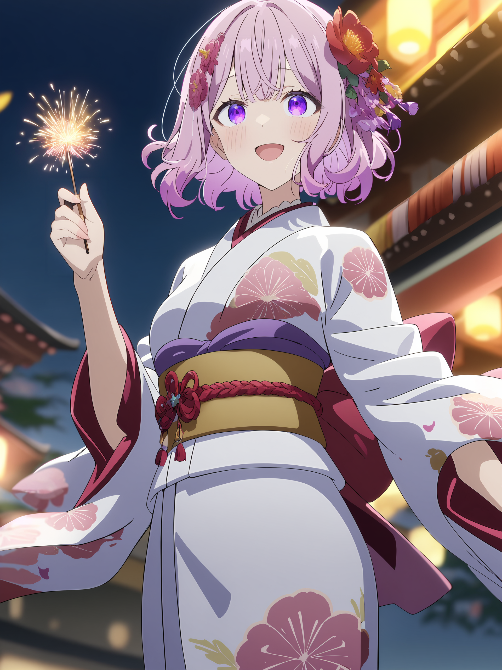 1girl, amaori renako, solo, purple eyes, kimono, hair flower, obi, sash, tabi, standing, cowboy shot, holding fireworks, smile, open mouth, night, outdoors, blurry background <lora:Char-Amaori_Renako-V1-SDXL:0.9>, anime screenshot, incredibly absurdres, ultra detailed, masterpiece, best quality, perfect features, intricate details, ray tracing, very aesthetic, [<lora:XL-detailed_notrigger:0.95>::0.5], [:<lora:XL-aesthetic_anime:0.6>:0.3]