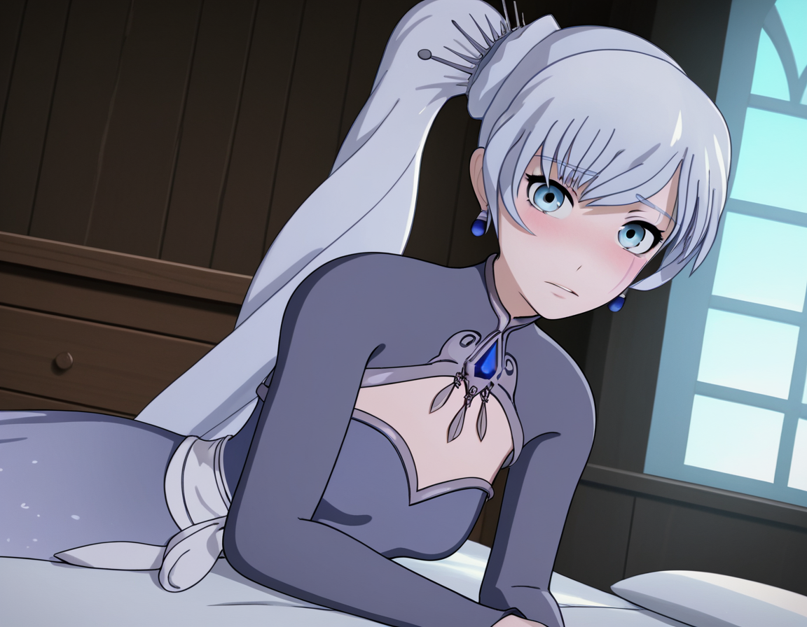 score_9, score_8_up, score_7_up, source_anime, <lora:weiss-schnee-ponyxl-lora-nochekaiser:1>, weiss schnee, long hair, blue eyes, hair ornament, ponytail, white hair, side ponytail, scar, tiara, scar on face, scar across eye,, dress, jewelry, earrings, blue dress,, indoors, bed, bed room, on side, blush, drunk, looking at viewer, solo, cowboy shot, dutch angle