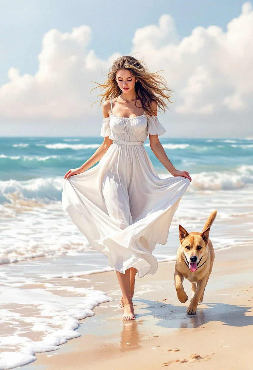 watercolor, pencils, ink, clear contours, airy, pastel colors, beautiful girl in light white dress walking along the sandy seashore, holding up her skirt, labrador running ahead, turquoise waves, foam, white-pink clouds, aesthetics of nature, aesthetics of a woman's body, grace, quantum rendering, realism, hyper-detailed, colorful, natural lighting, close-up, masterpiece, intricate details, hyper-detailed, colorful, chiarosquro lighting