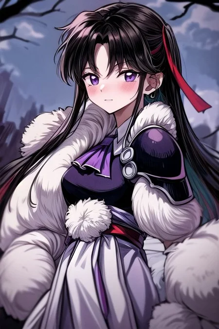 masterpiece, best quality 1girl Setsun4 solo long hair, (night time) forest background black hair very long hair purple eyes multicolored hair armor (fur trim) (medium body),<lora:EMS-179-EMS:0.800000>,<lora:EMS-293862-EMS:0.800000> bow, hair_bow, hair_tubes, red_bow, brown_hair, long_hair, bangs, ascot, frilled_bow, yellow_ascot, blush, smile, hair_between_eyes, athletic, armor, miko