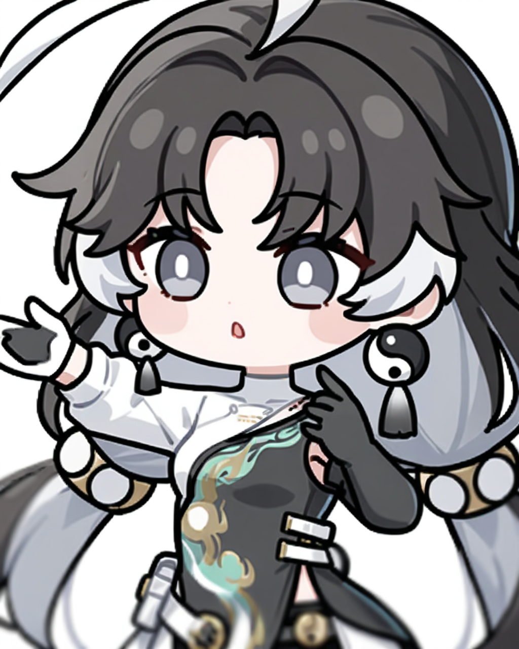 masterpiece,best quality,chibi,
<lora:jianxin_xl:0.7>,jianxin,1girl,solo,gloves,jewelry,earrings,black hair,multicolored hair,long hair,white gloves,black gloves,long sleeves,clothing cutout,bangs,ahoge,yin yang,
