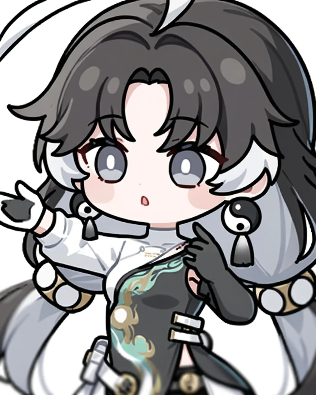 masterpiece,best quality,chibi,
<lora:jianxin_xl:0.7>,jianxin,1girl,solo,gloves,jewelry,earrings,black hair,multicolored hair,long hair,white gloves,black gloves,long sleeves,clothing cutout,bangs,ahoge,yin yang,