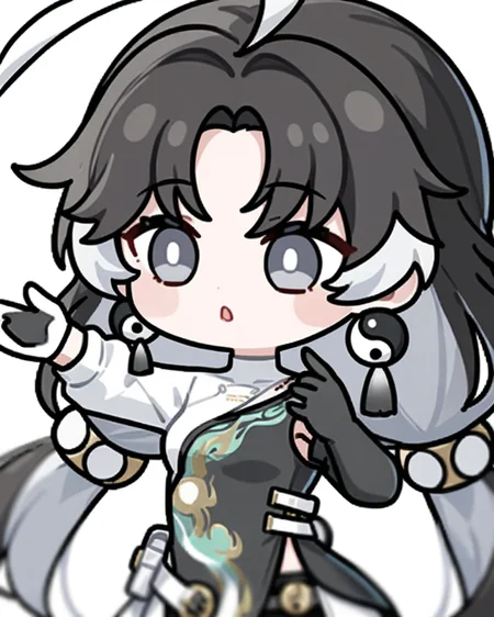 masterpiece,best quality,chibi,
<lora:jianxin_xl:0.7>,jianxin,1girl,solo,gloves,jewelry,earrings,black hair,multicolored hair,long hair,white gloves,black gloves,long sleeves,clothing cutout,bangs,ahoge,yin yang,