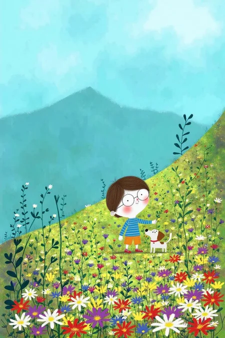 macha1 illustration.
A young boy and a small dog in a lush, colorful meadow. The boy, with short, dark hair and round glasses, is depicted with a joyful, wide-eyed expression, wearing a striped shirt. He is standing in the middle of a vibrant meadow, surrounded by a multitude of wildflowers in various colors including red, yellow, blue, white, and purple. The boy is inhaling deeply with his eyes closed. <lora:macha1_cap_d6a3e12:1.0><lora:827695779394314741:0>